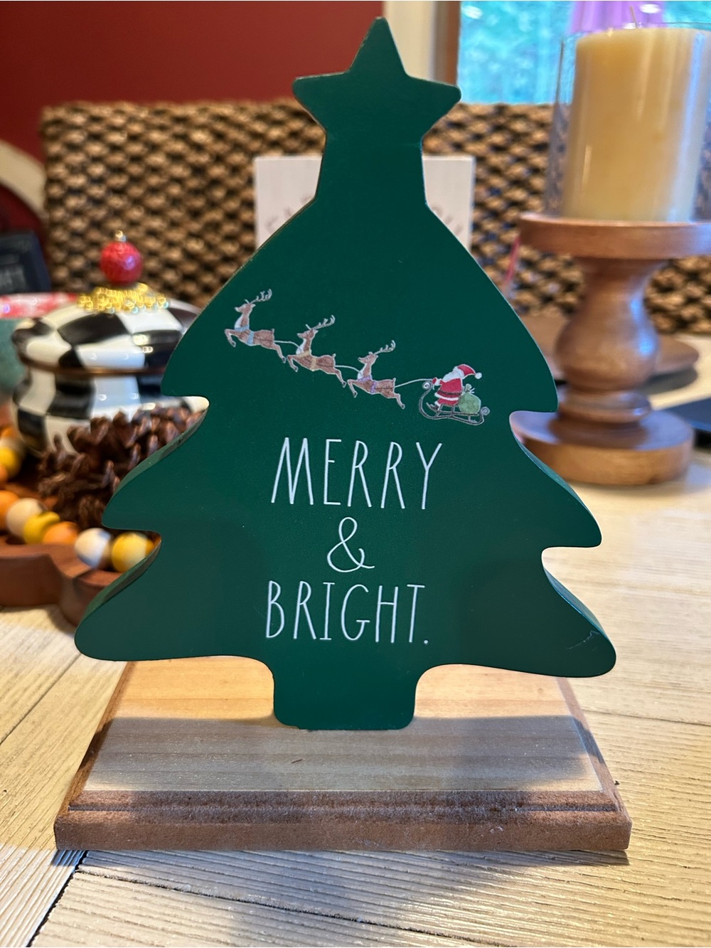 Rae Dunn Merry & Bright Green Wooden Tree Holiday Sign, NWOT